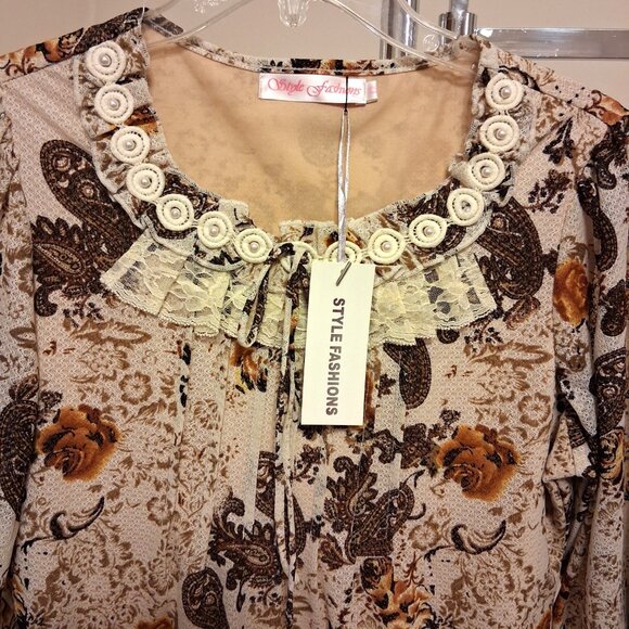 NWT Women's Light Yellow Brown Printed Lined Blouse ¾ Sleeve Pleated Top 8 M - Picture 7 of 9